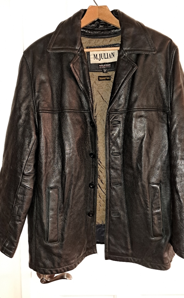 Wilsons Black Leather Jacket by M. Julian, car coat length, Size medium
